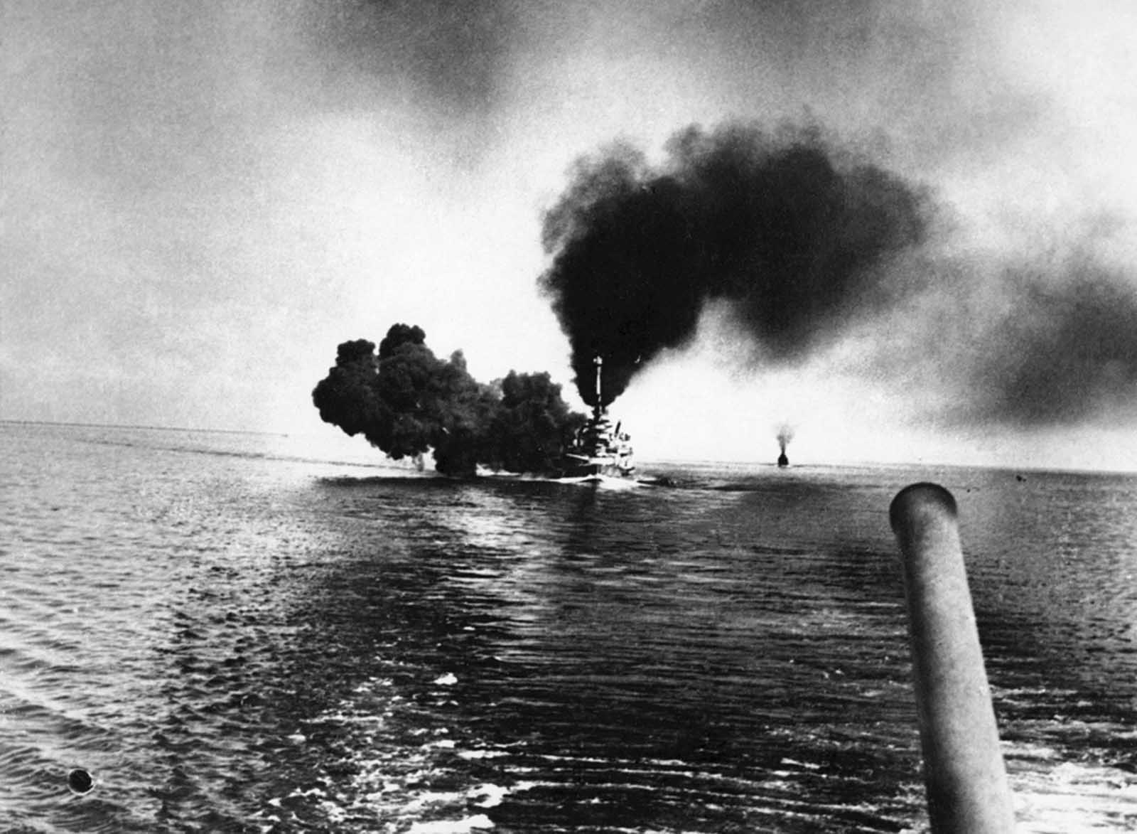 Imperial German Navy's battle ship SMS Schleswig-Holstein fires a salvo during the Battle of Jutland on May 31, 1916 in the North Sea.
