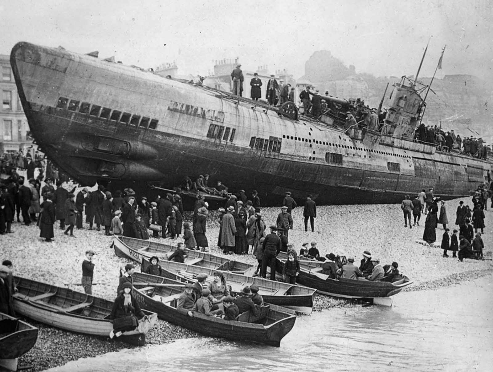 A German U-boat stranded on the South Coast of England, after surrender.