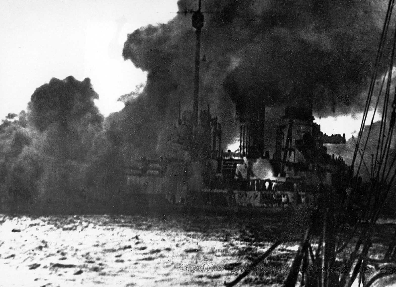 The German battle cruiser Seydlitz burns in the Battle of Jutland, May 31, 1916. Seydlitz was the flagship of German Vice Admiral von Hipper, who left the ship during the battle. The battle cruiser reached the port of Wilhelmshaven on own power.