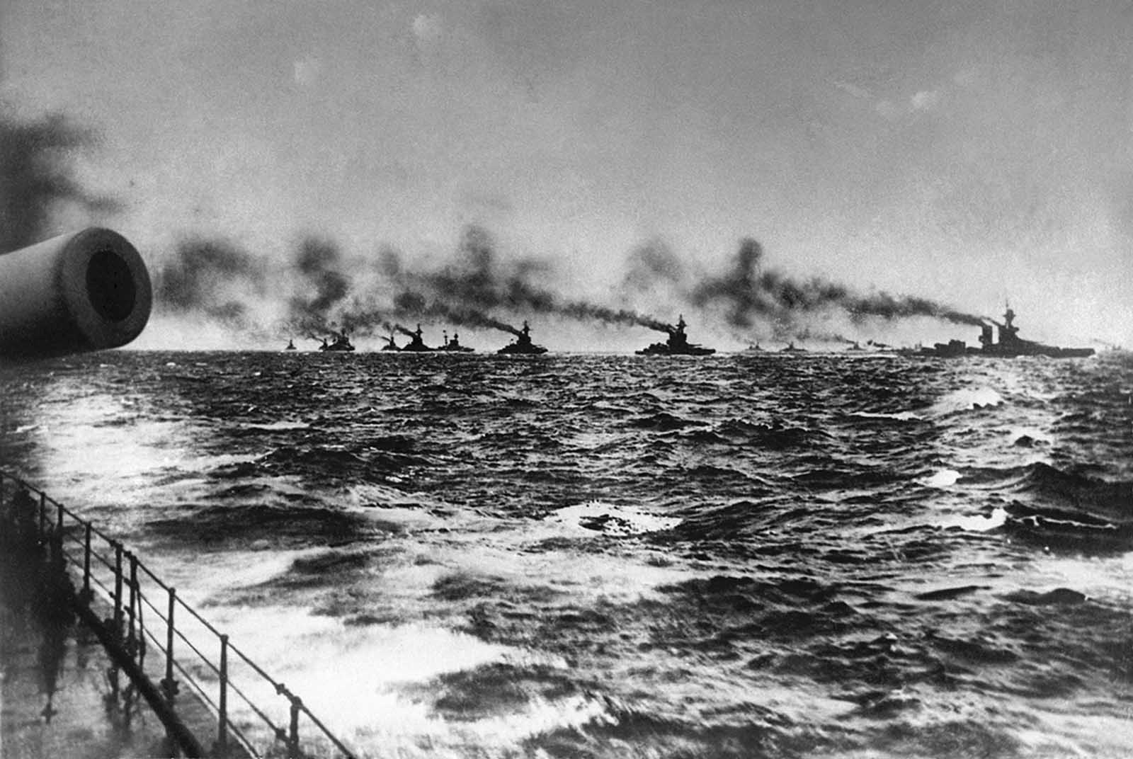 The British Grand Fleet under admiral John Jellicoe on her way to meet the Imperial German Navy's fleet for the Battle of Jutland in the North Sea on May 31, 1916. 