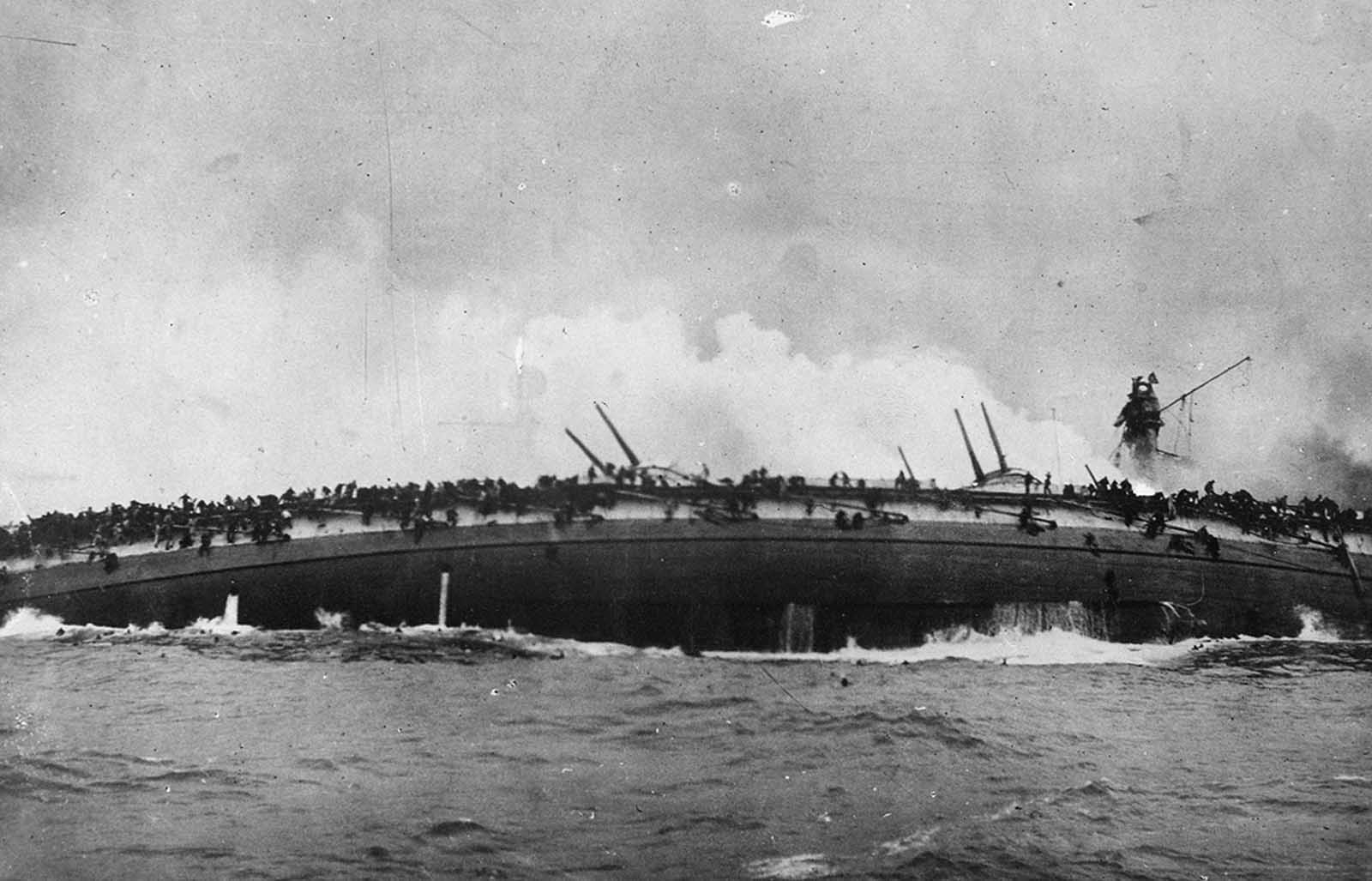 Sinking of the German Cruiser SMS Bluecher, in the Battle of Dogger Bank, in the North Sea, between German and British dreadnoughts, on January 24, 1915. The Bluecher sank with the loss of nearly a thousand sailors. This photo was taken from the deck of the British Cruiser Arethusia.