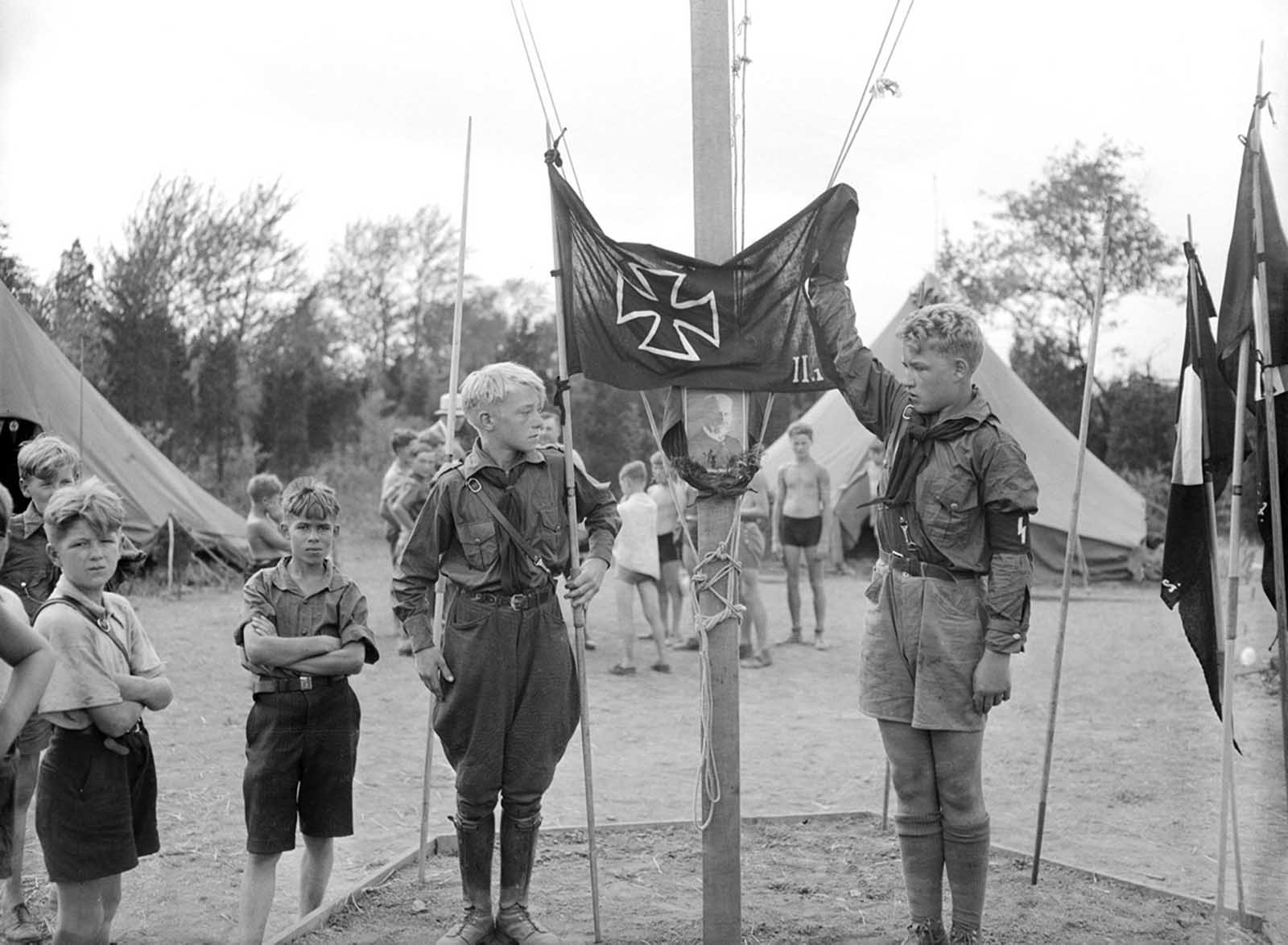 German American Bund Camp youth salute Hindenburg in Griggstown, New Jersey.