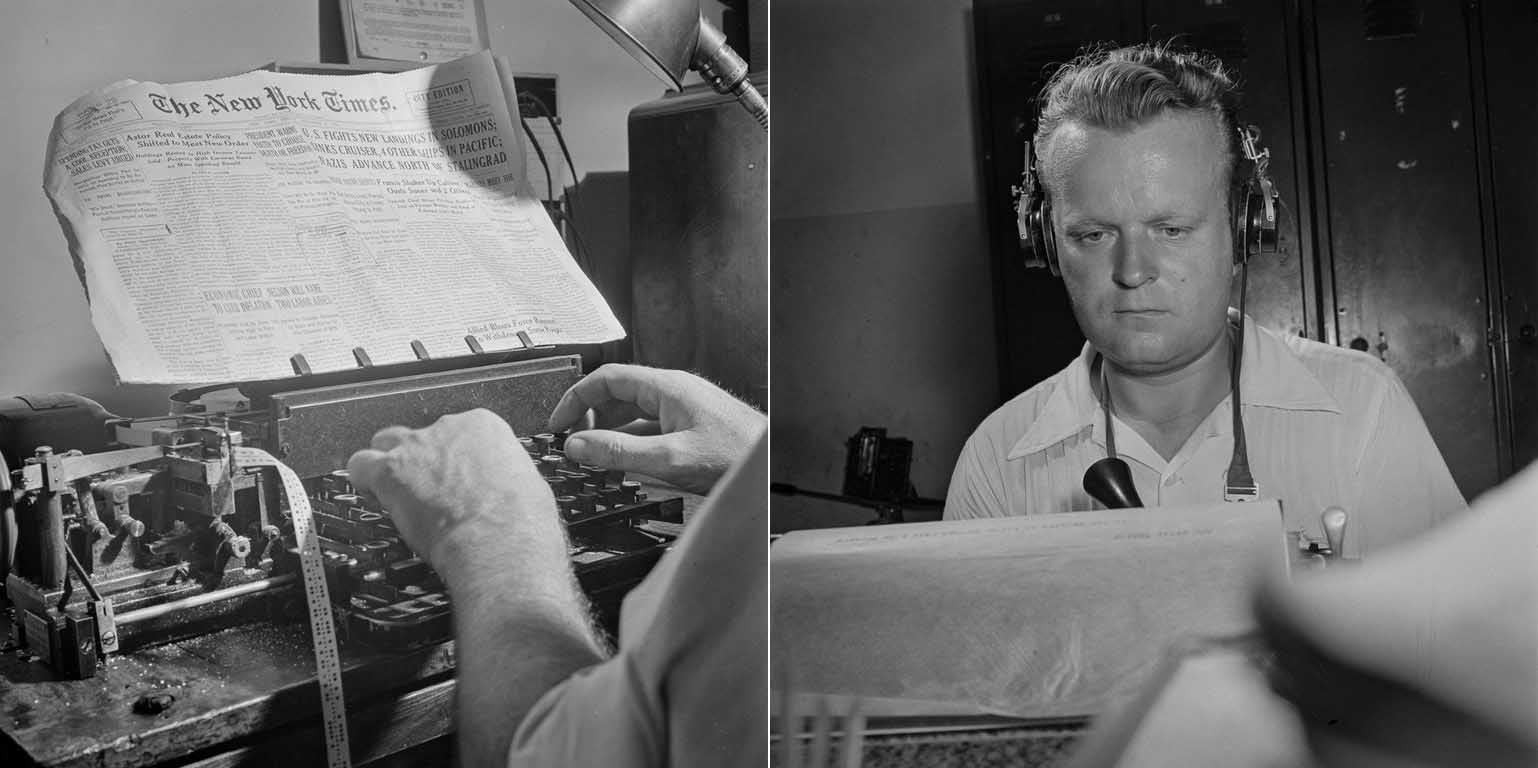 (Left) In the radio room, news is sent out twice daily in code by the Times' short wave transmitter and received by ships. (Right) A short wave radio operator receives and records messages from a correspondent in Switzerland.