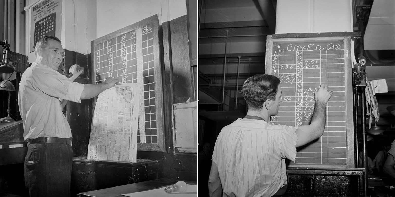 (Left) (Completed mats are checked on board by page, then sent down a chute to the stereotype room. (Right) As make-up of each page is completed, time is marked on a board.