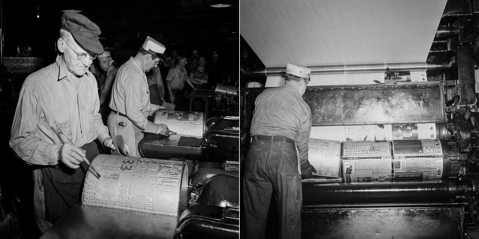 (Left) Page numbers are applied to cast plates for easy identification. (Right) Plates are loaded into the presses.