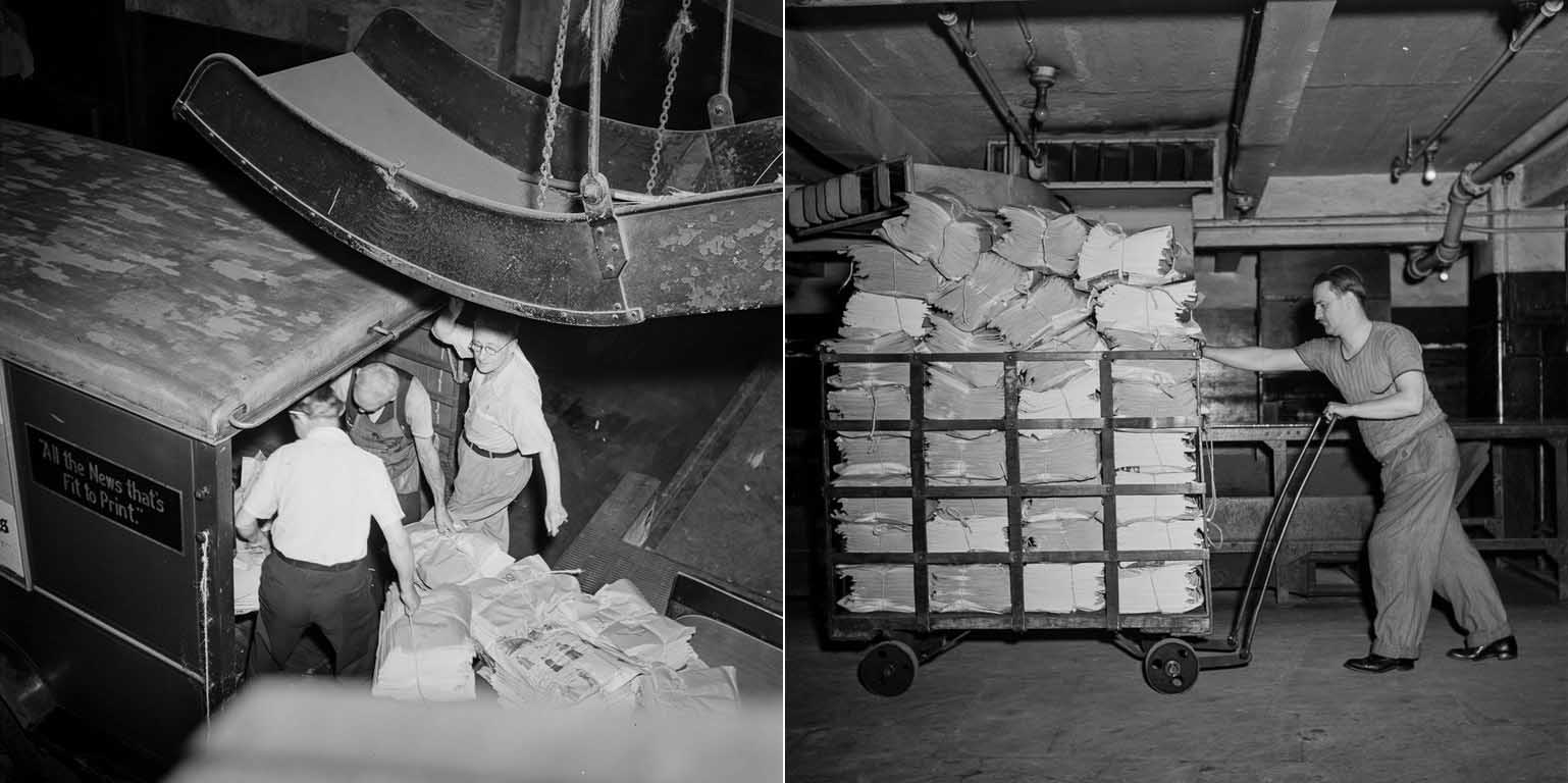 (Left) Papers are loaded onto a truck for distribution. (Right) Bundles of finished papers are prepared for delivery.