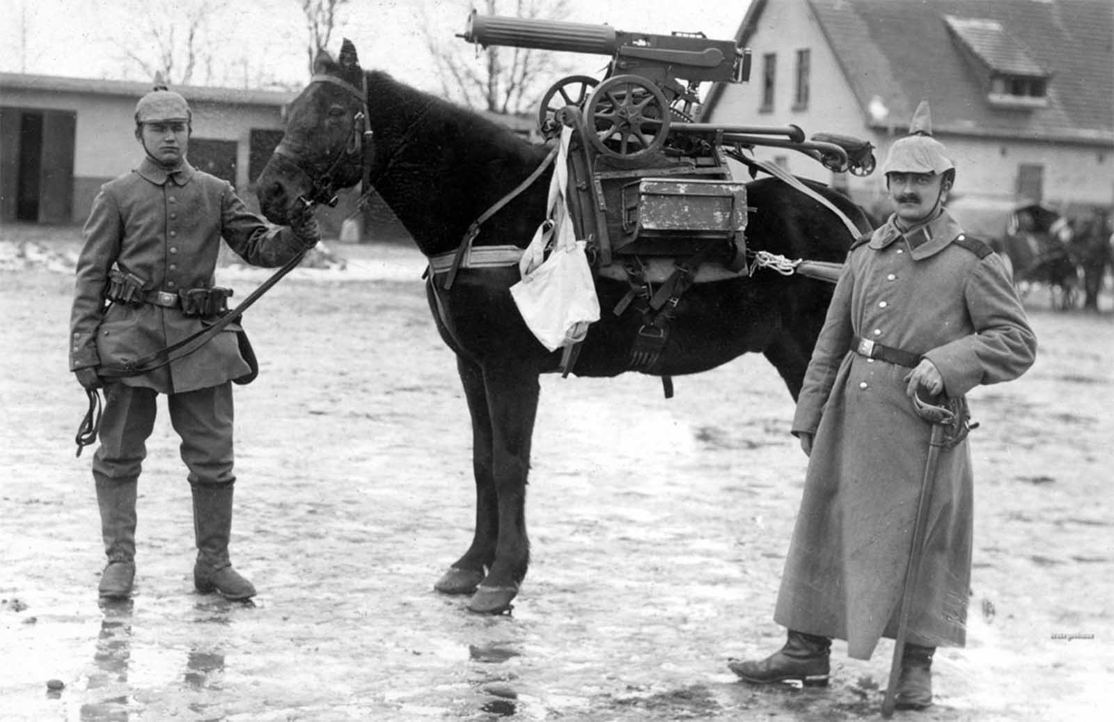 German soldiers pose near a horse mounted with a purpose-built frame, used to accommodate a captured Russian Maxim M1910 machine gun complete with its wheeled mount and ammunition box.