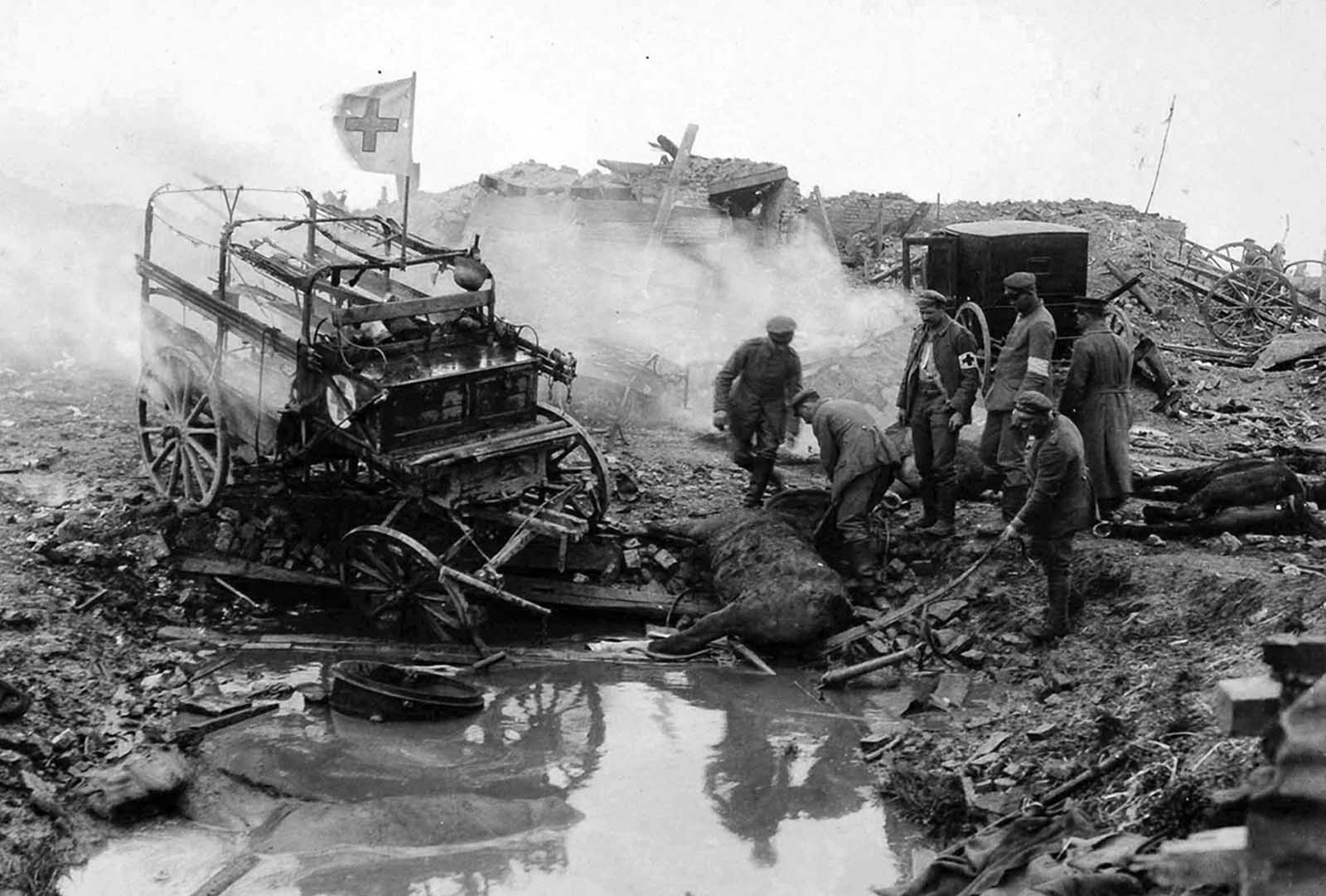 At Kemmel, West Flanders, Belgium. The effect of enemy artillery fire upon German ambulances, in May of 1918.