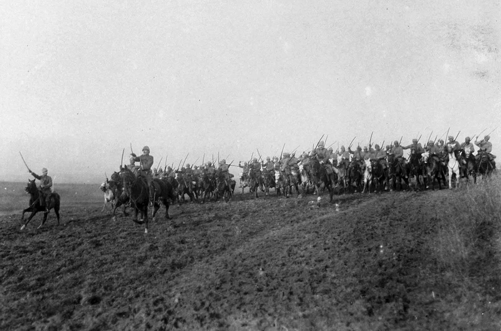 Turkish cavalry exercises on the Saloniki front, Turkey, March of 1917.