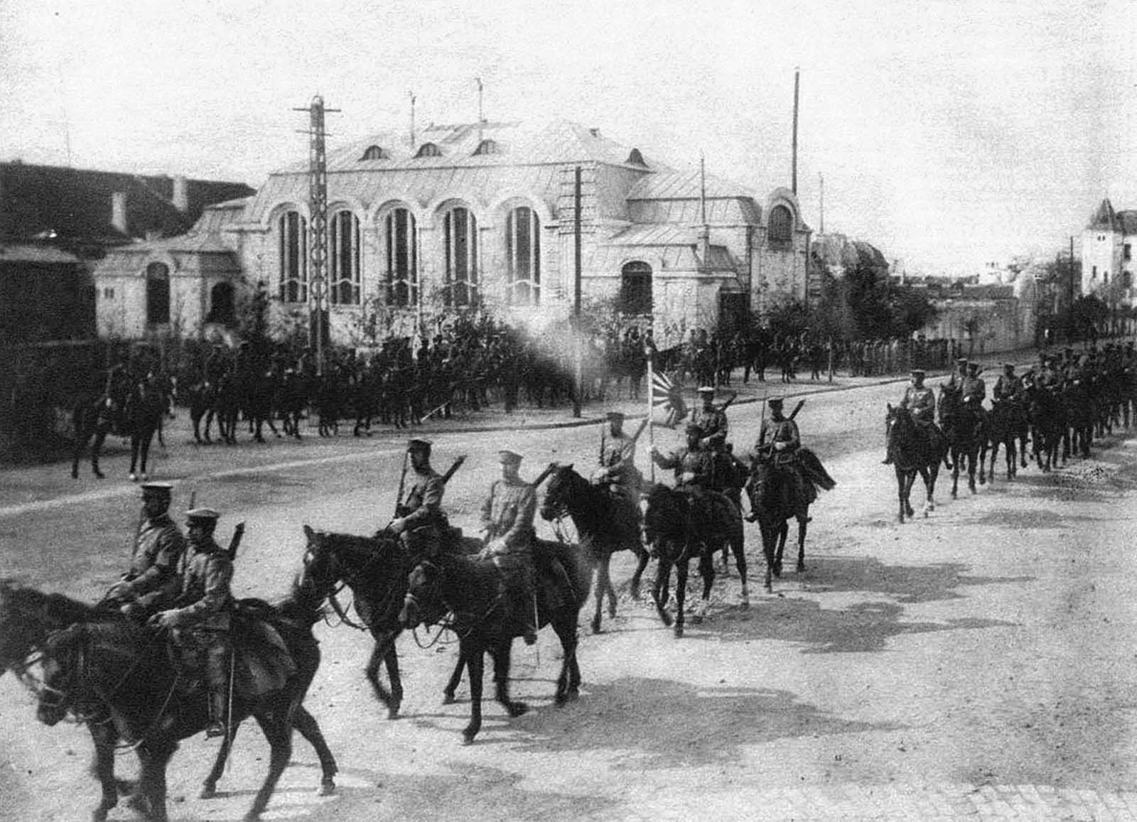 General Kamio, Commander-in-Chief of the Japanese Army at the formal entry of Tsing-Tau, December, 1914. The use of horses was vital to armies around the world during World War I.