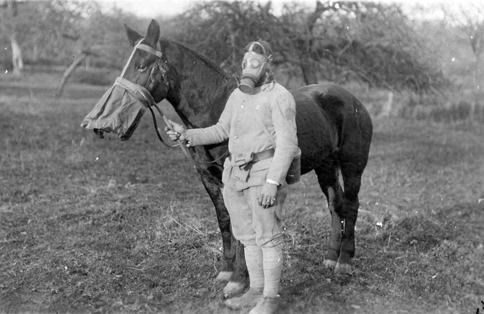 A soldier and his horse in gas masks, ca. 1918.