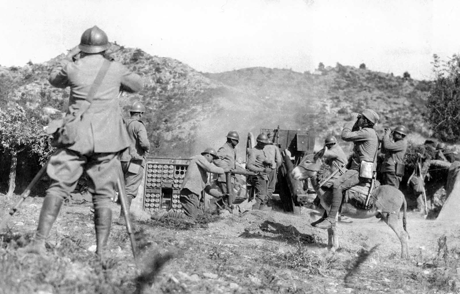 Serbian artillery in action on the Salonika front in December of 1917.