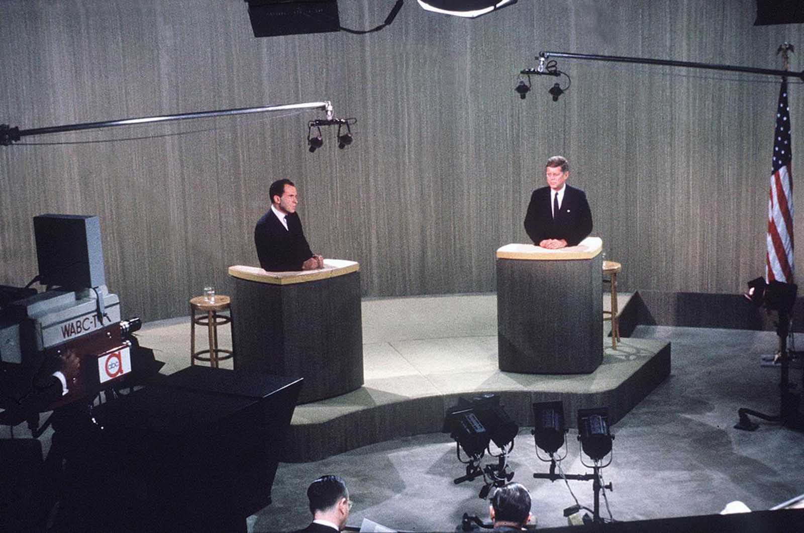 Republican Vice President Richard M. Nixon, left, debates Sen. John F. Kennedy, the Democratic presidential nominee, during a live broadcast from a New York television studio of their fourth presidential debate on October 21, 1960.
