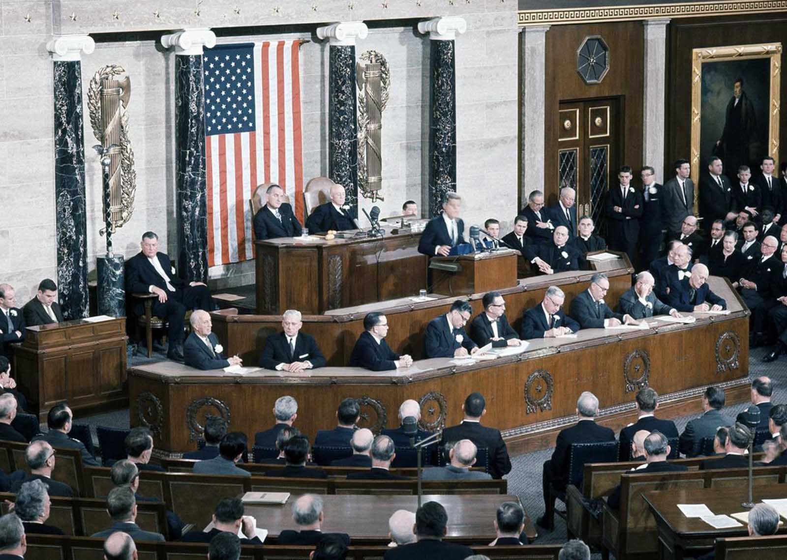 President John F. Kennedy addresses Congress in Joint Session for his first state of The Union Address in Washington, on January 31, 1961.