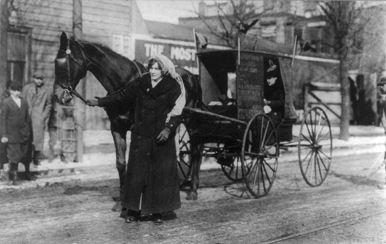 Elizabeth Freeman of the New York State Suffrage Association, with horse and carriage, on her way to join the March 3, 1913 suffrage march in Washington, District of Columbia.