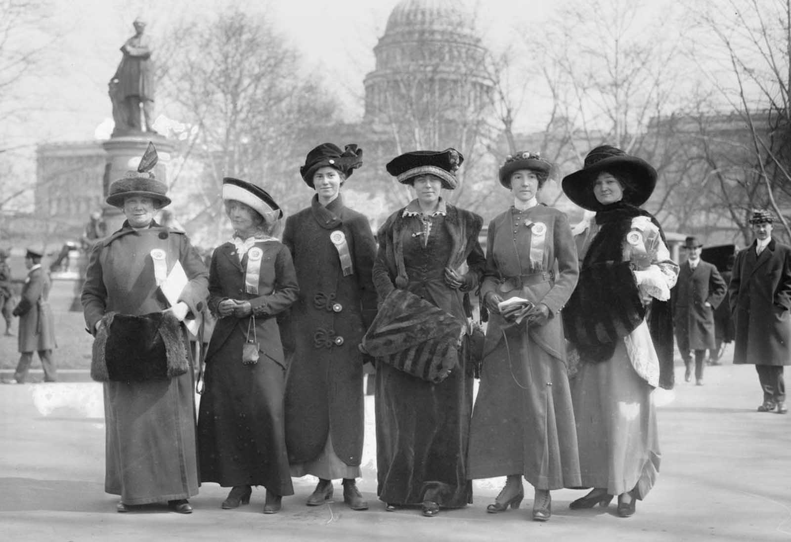 March 3, 1913 photo at the Suffrage Parade, showing marchers (left to right) Mrs. Russell McLennan, Mrs. Althea Taft, Mrs. Lew Bridges, Mrs. Richard Coke Burleson, Alberta Hill and Miss F. Ragsdale.
