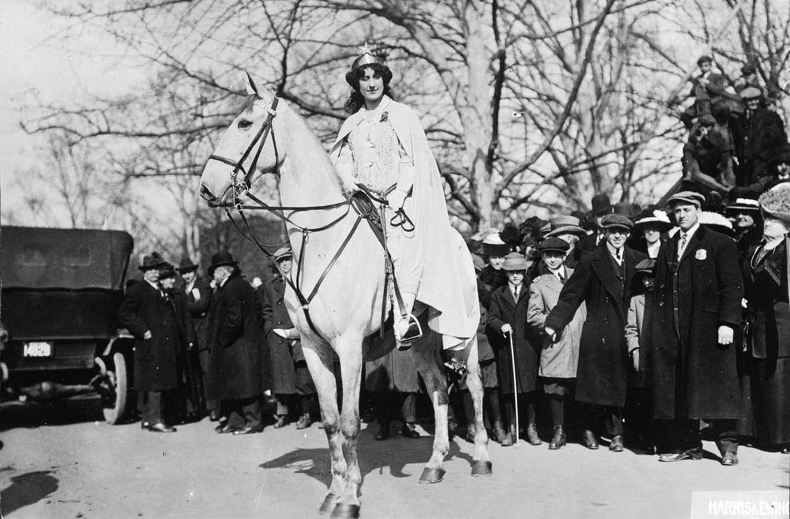 Lawyer Inez Milholland Boissevain prepares to lead the Suffrage Parade, on March 3, 1913.