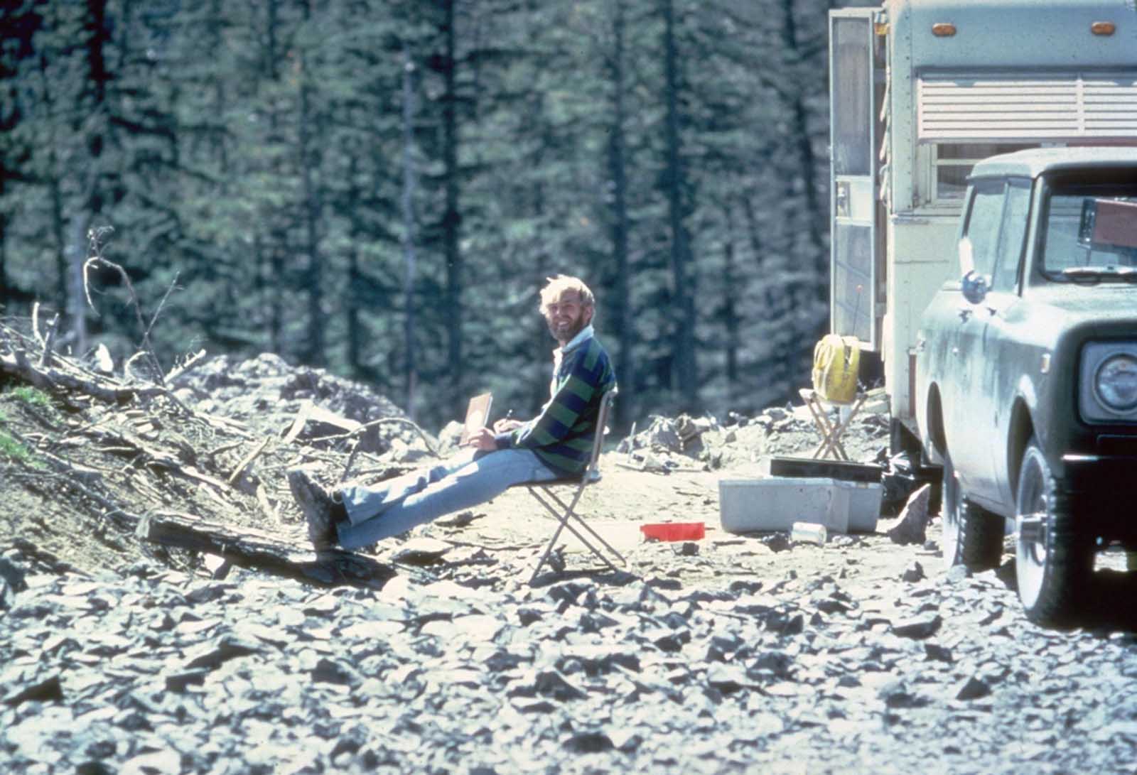On May 17, 1980, vulcanologist David Johnston sits at Coldwater II camp near Mt. St. Helens. At 8:32 a.m. the next morning, Johnston radioed a message to the USGS headquarters: 