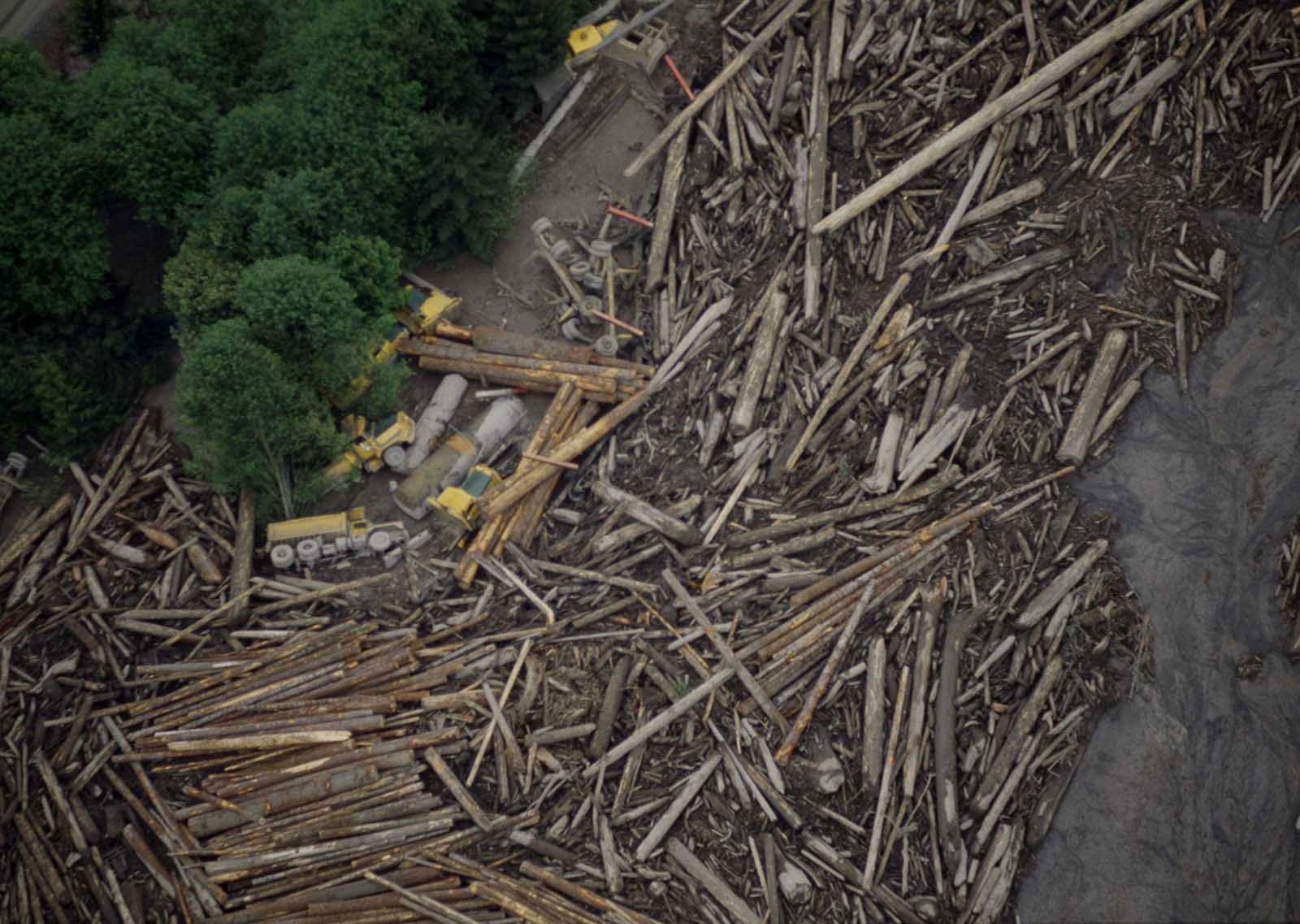 A logging operation along the Toutle River, Washington, about 20 miles from Mount St. Helens, in ruins after flooding from ice and snow melt from the mountain, in May of 1980.