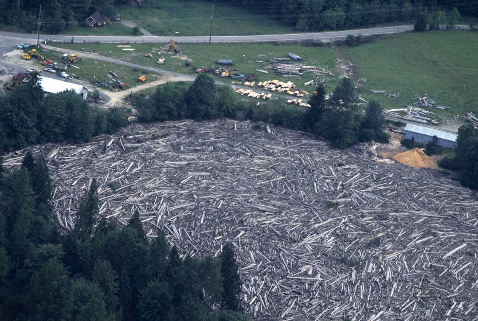 An aerial view of destruction of logging operation after floods following Mount St. Helens' eruption, shown on May 20, 1980.