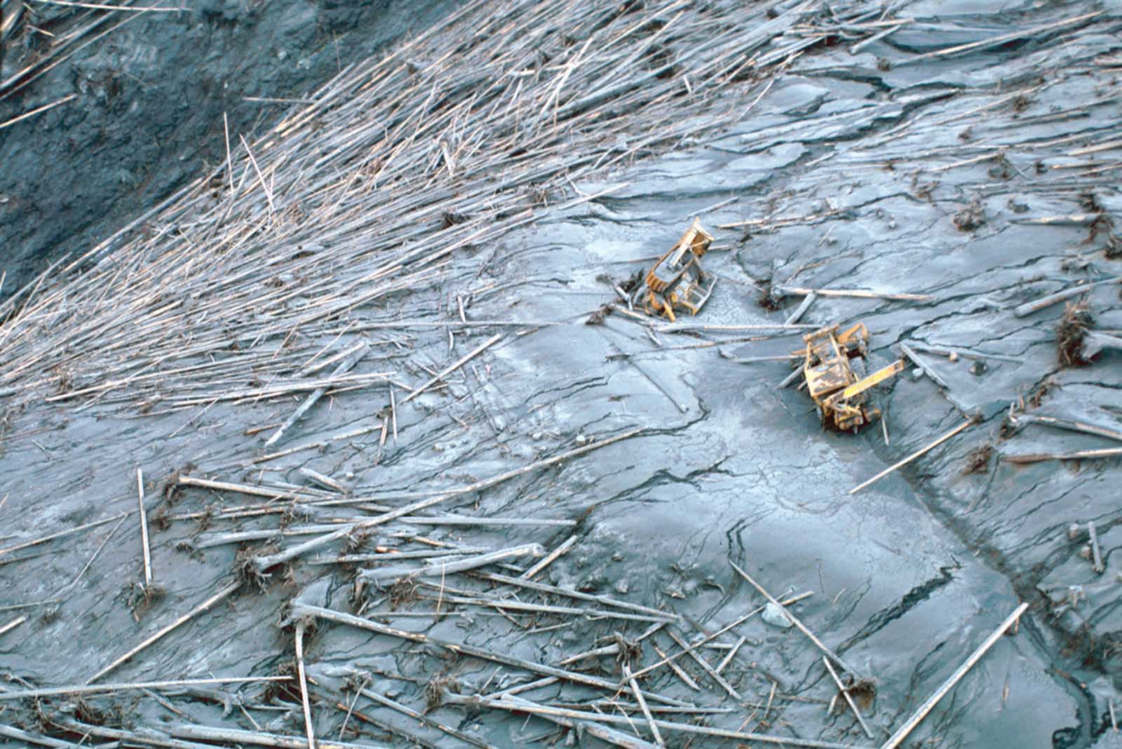 Damaged equipment on south side of Elk Rock, northwest of Mount St. Helens, in Cowlitz County, Washington, on June 5, 1980.