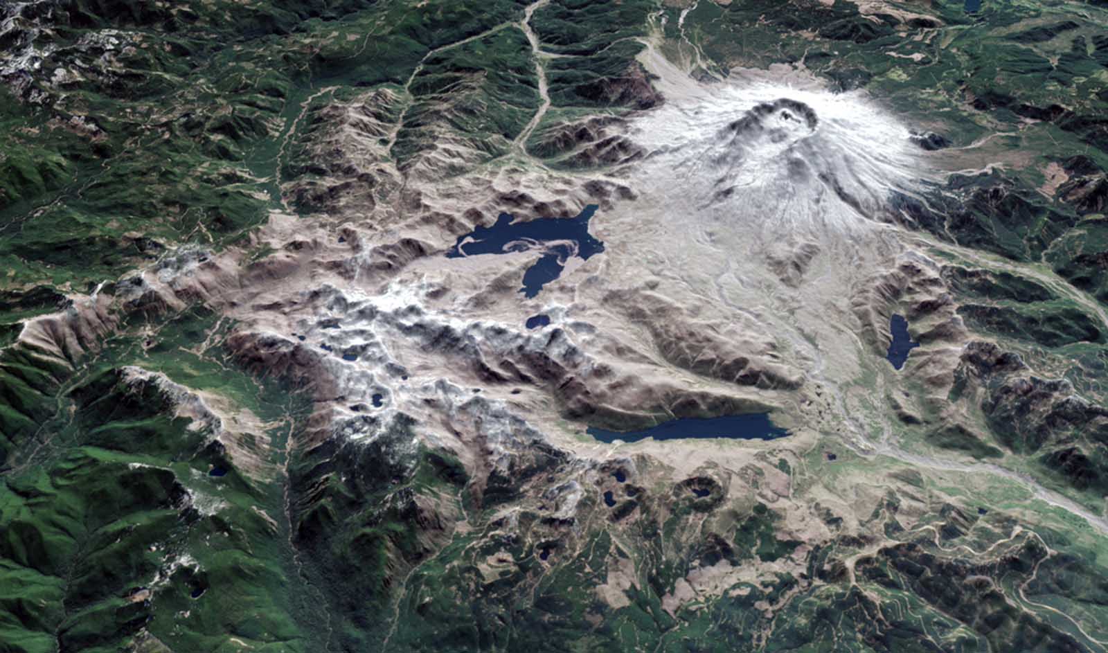 Satellites in orbit and scientists on the ground still monitor the mountain and track the recovery of Mt. St. Helens. This image shows a three-dimensional view of the mountain, looking toward the southeast, as it appeared on April 30, 2015. The image was assembled from data acquired by the Operational Land Imager on Landsat 8 and the Advanced Spaceborne Thermal Emission and Reflection Radiometer (ASTER) on Terra.