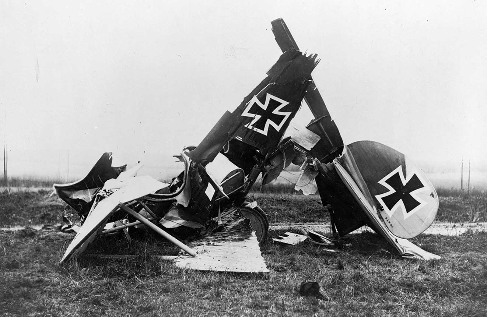 Wreckage of a German Albatross D. III fighter biplane.