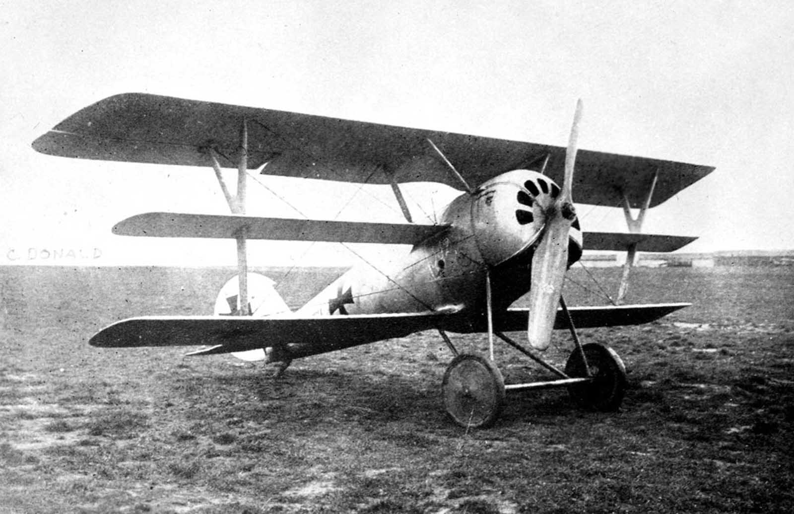 A German Pfalz Dr.I single-seat triplane fighter aircraft, ca. 1918.