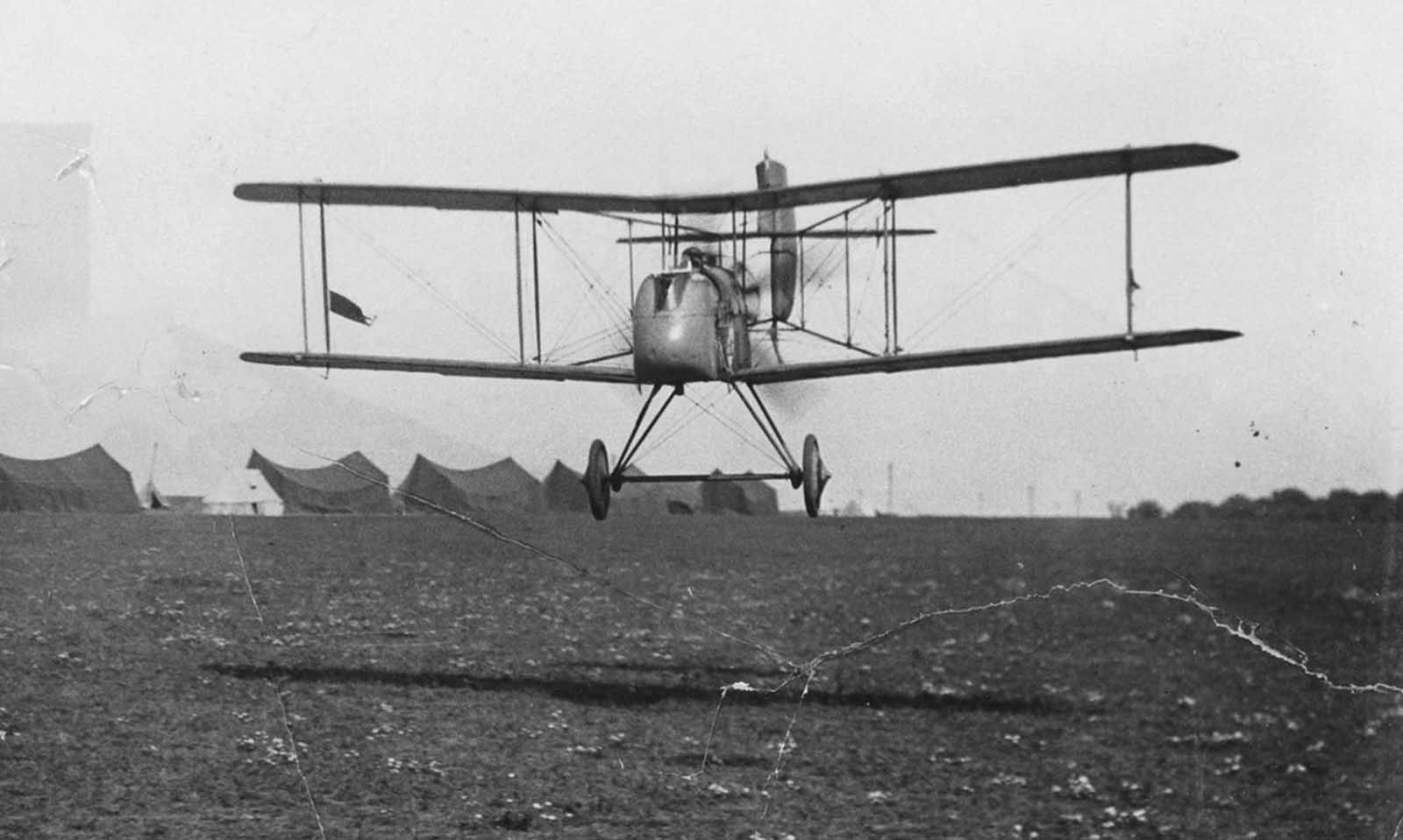 A British Commander starting off on a raid, flying an Airco DH.2 biplane.