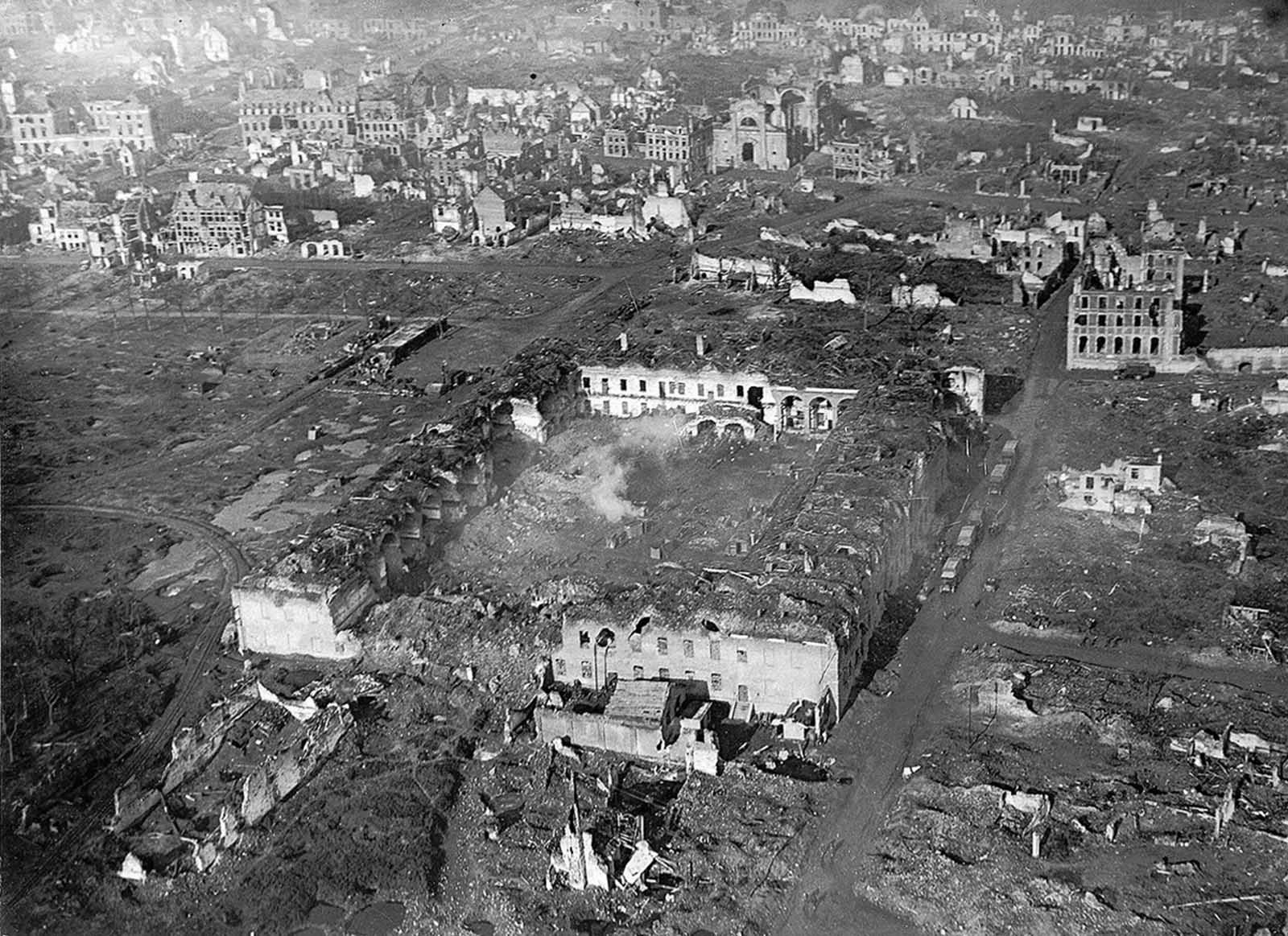 The bombarded barracks at Ypres, viewed from 500 ft.