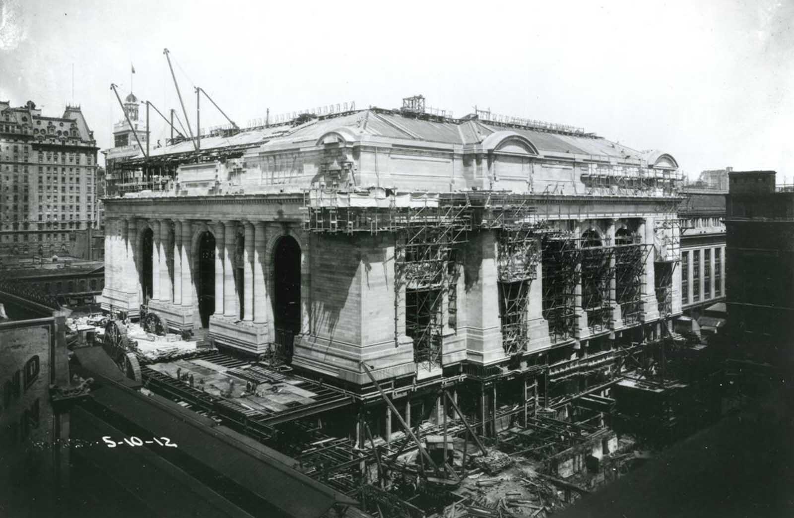 An exterior view of Grand Central Terminal under construction in New York City, on May 10, 1912.