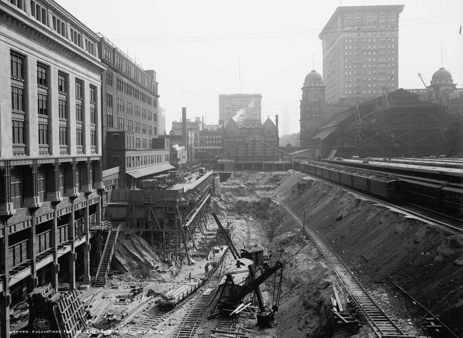 Excavation work at the site of Grand Central Station in New York City, in 1908.