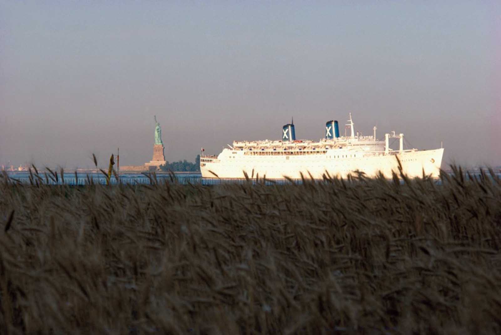 Ocean liner passing the Wheatfield on the Hudson.