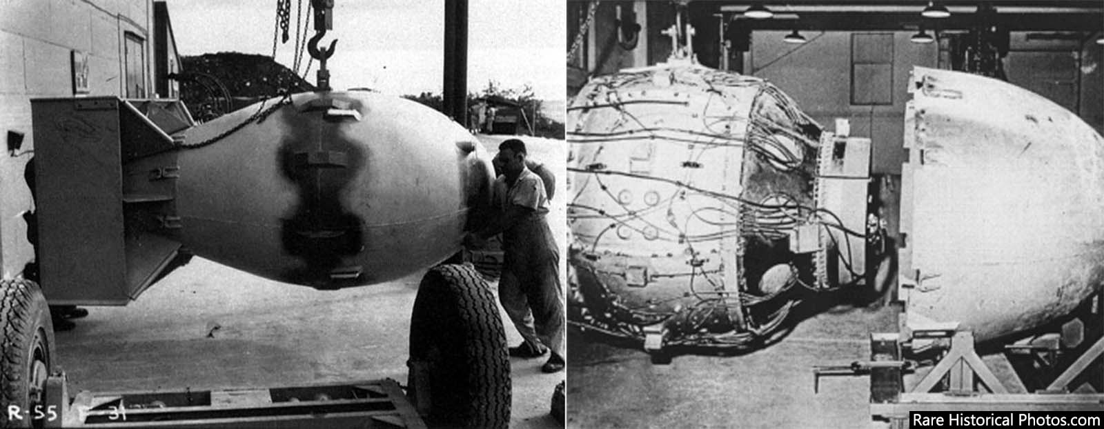 The Fat Man atomic bomb being readied on Tinian (right); Fat Man's nuclear device about to be encased (left).