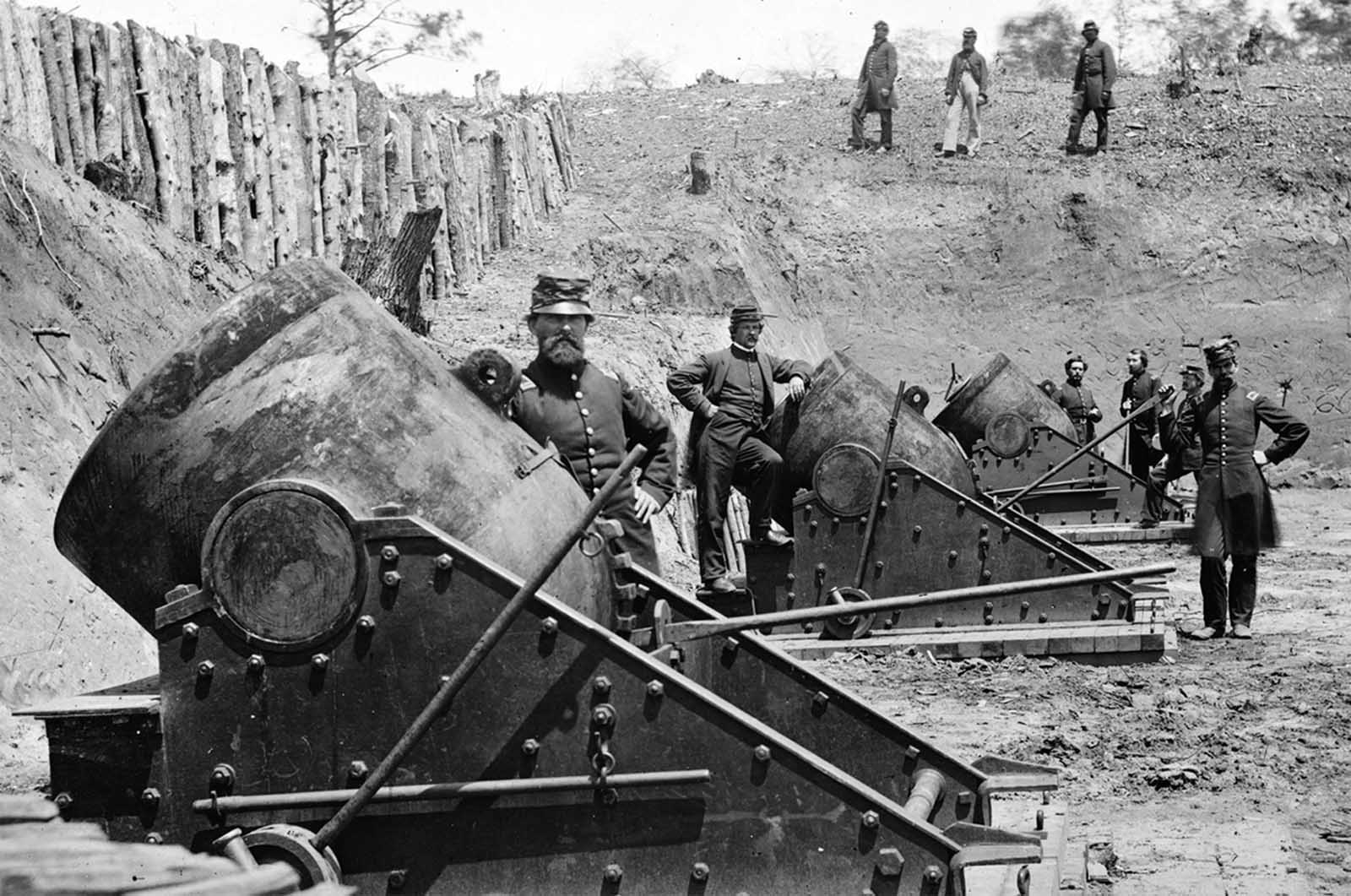 13-inch seacoast mortars of Federal Battery No. 4 with officers of 1st Connecticut Heavy Artillery, near Yorktown, Virginia in May of 1862.