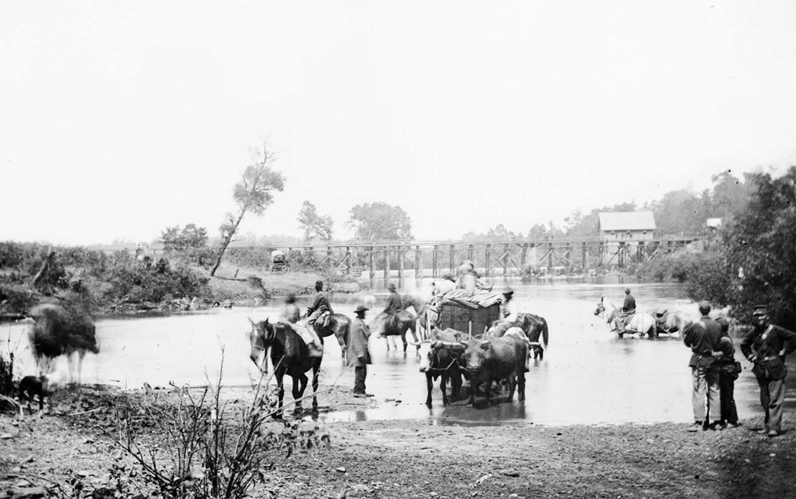 Fugitive African Americans fording the Rappahannock River, Virginia during Pope's retreat in August of 1862.
