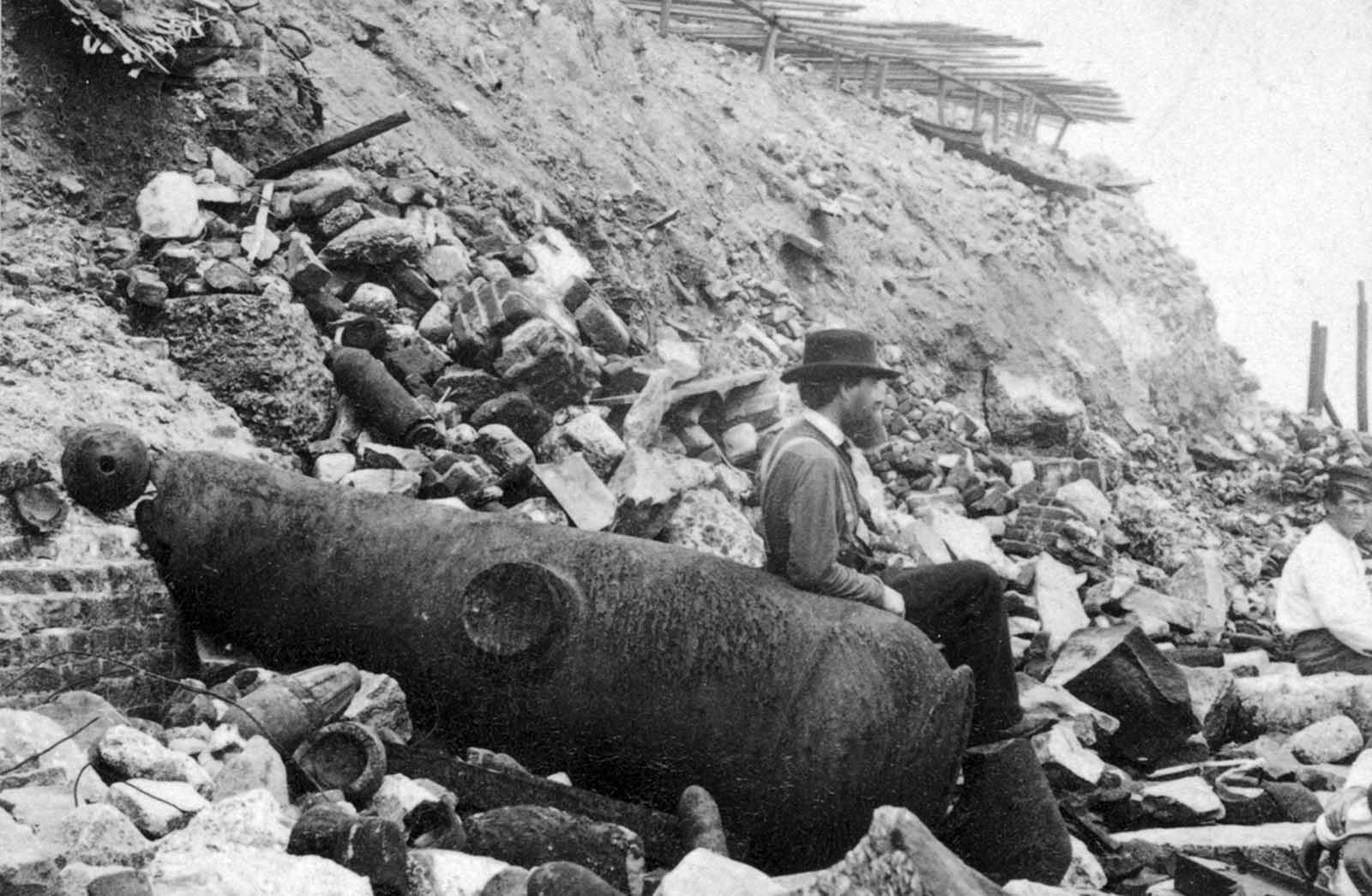 Outside view of Fort Sumter, in March, 1865. Foot of slope on southwestern front, looking southeast.