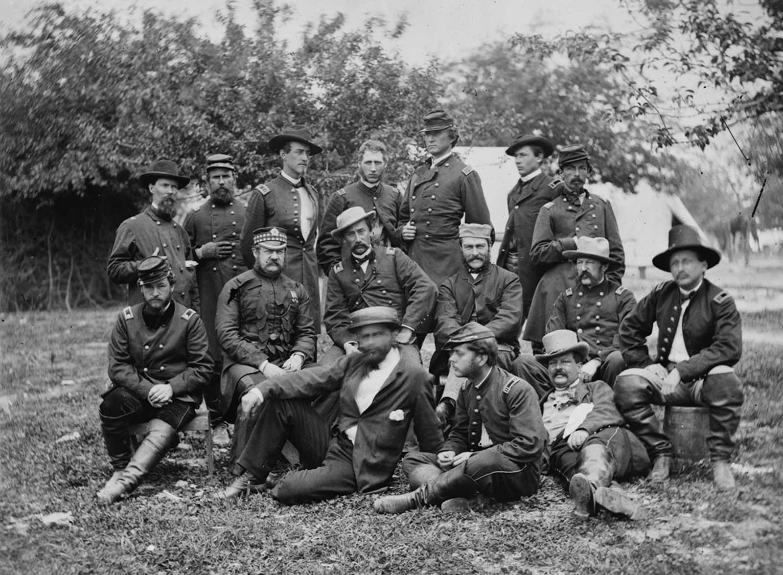 Lord (William) Abinger and a group of officers at headquarters, Army of the Potomac, near Falmouth, Virginia, in April of 1863.