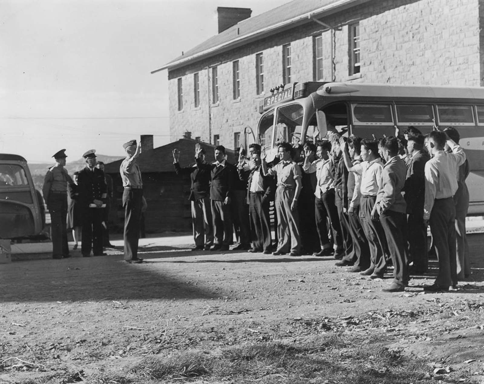 The first 29 Navajo code talker recruits are sworn in at Camp Wingate, New Mexico.