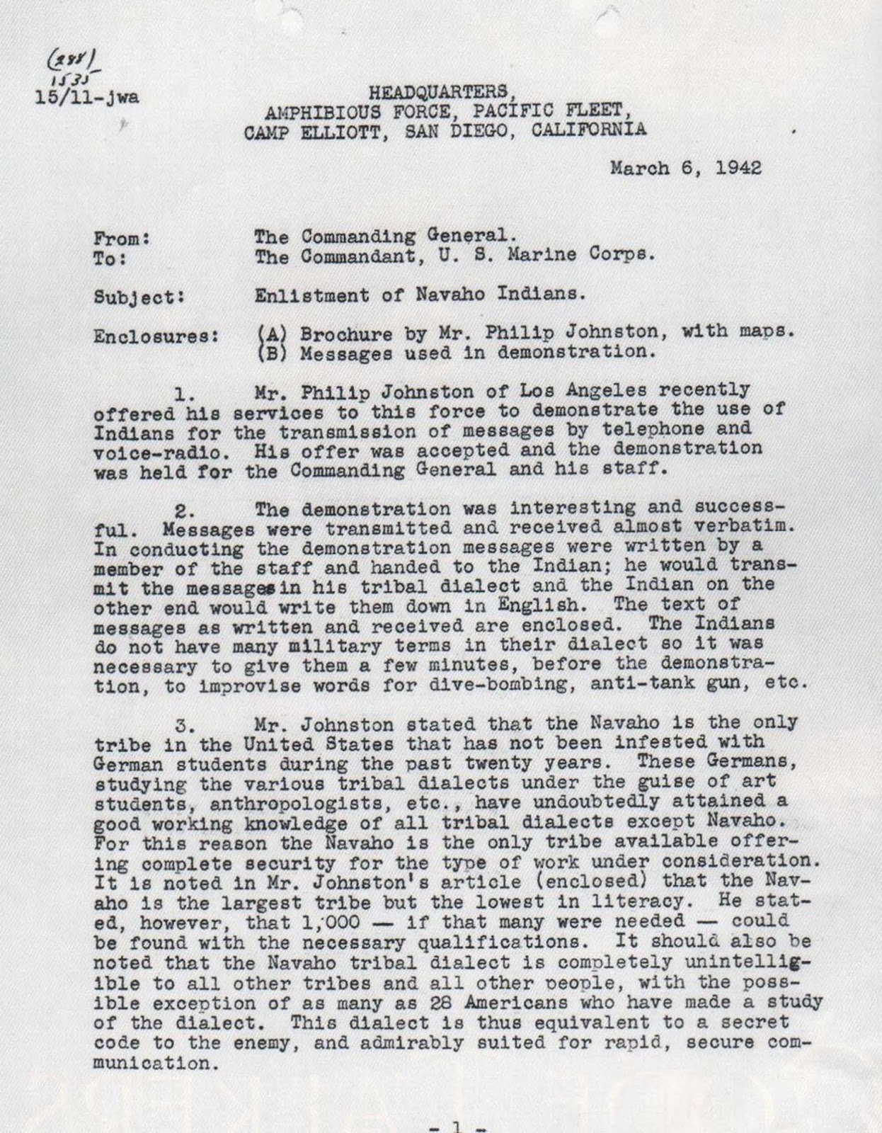 A memorandum from Marine Corps Major General Clayton B. Vogel recommending the enlistment of 200 Navajo code talkers.