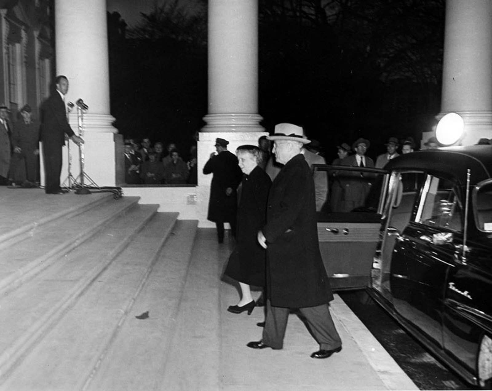President Harry S. Truman and First Lady Bess Truman returning to the White House. 1952.