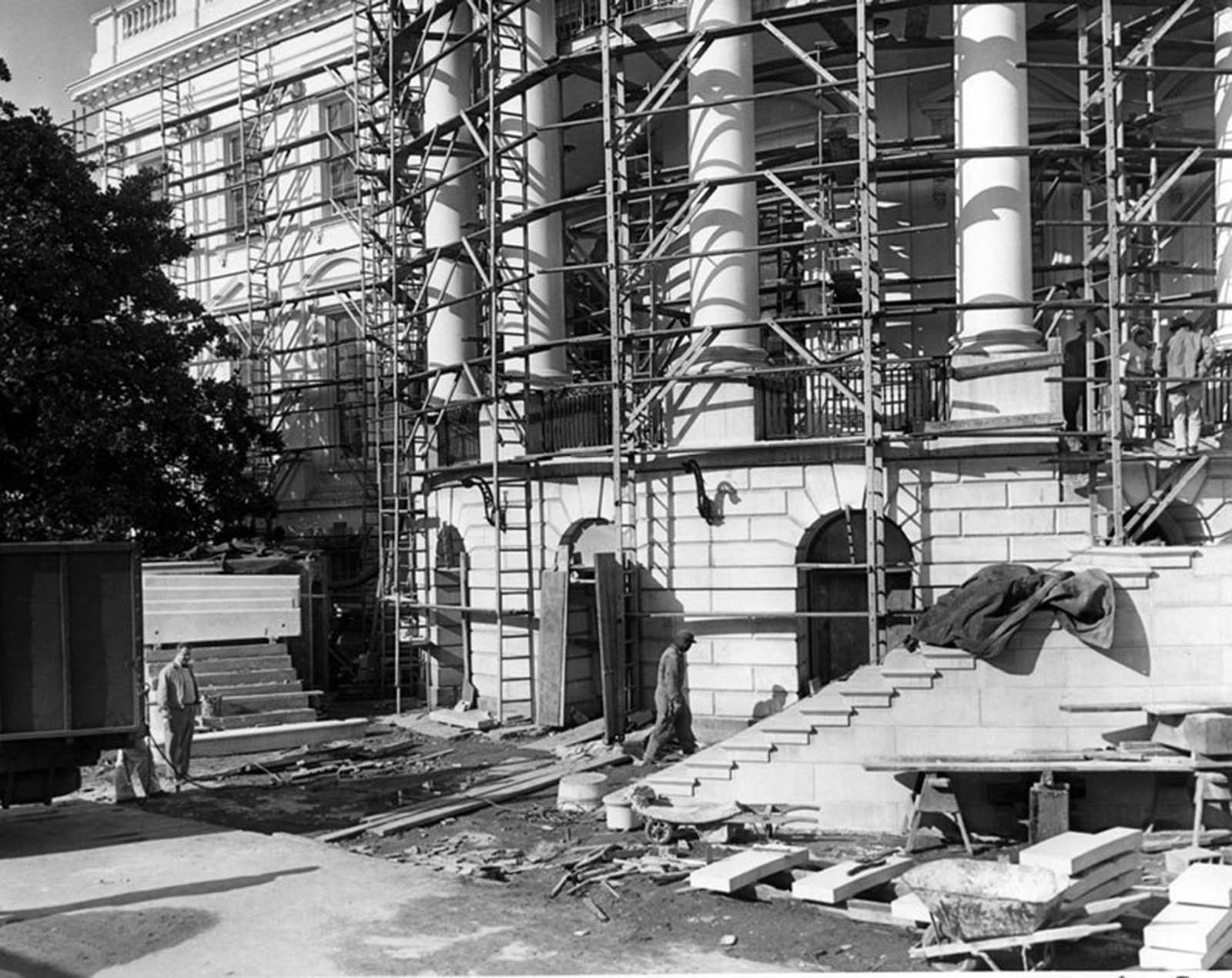 New steps of the South portico being erected. 1952.