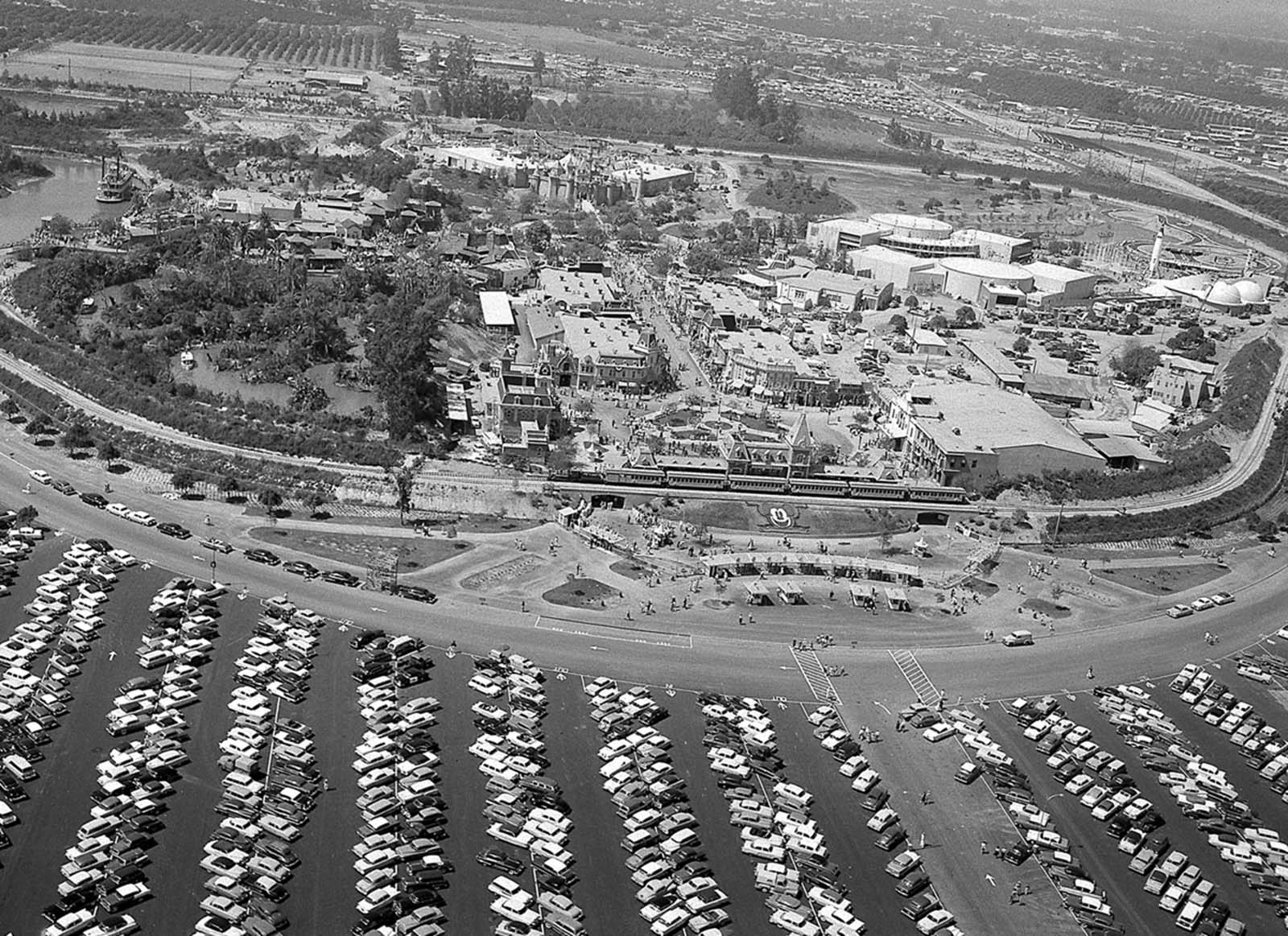 An aerial view shows Disneyland as guests attend opening-day festivities in Anaheim, California, on July 17, 1955.