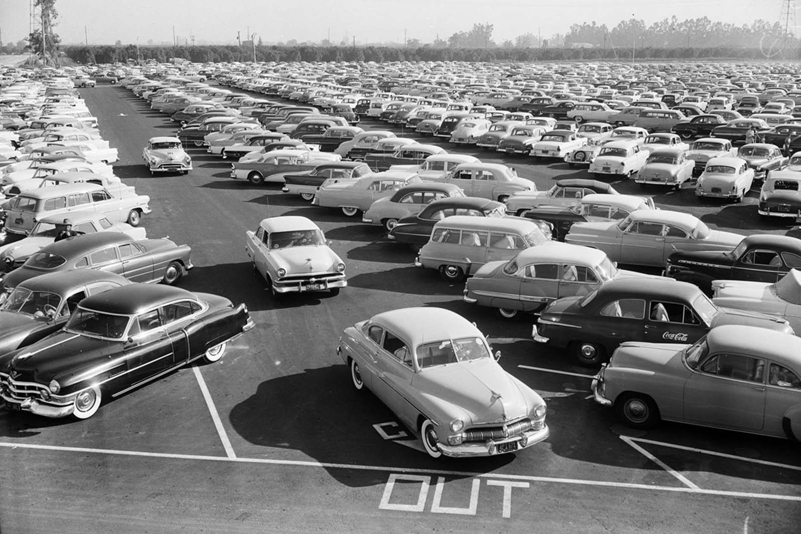 The Disneyland parking lot, full on opening day, July 17, 1955.
