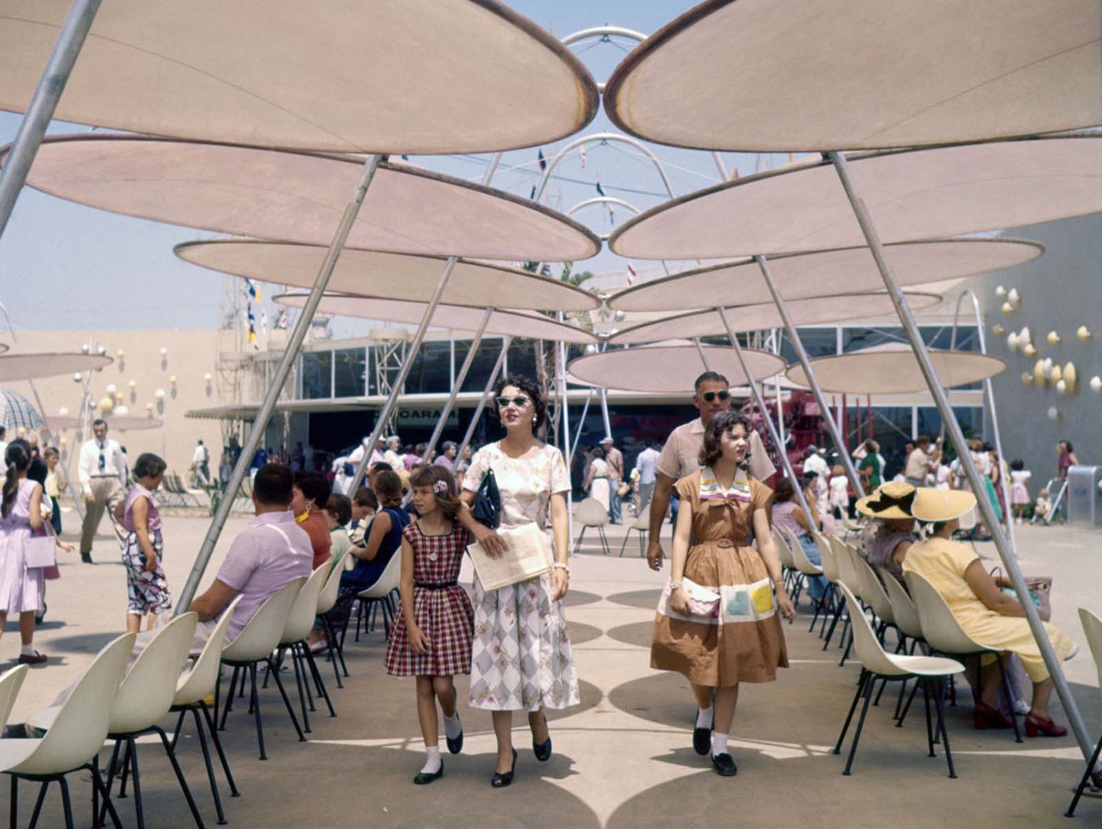People rest in Tomorrowland's Space Port on July 17, 1955.