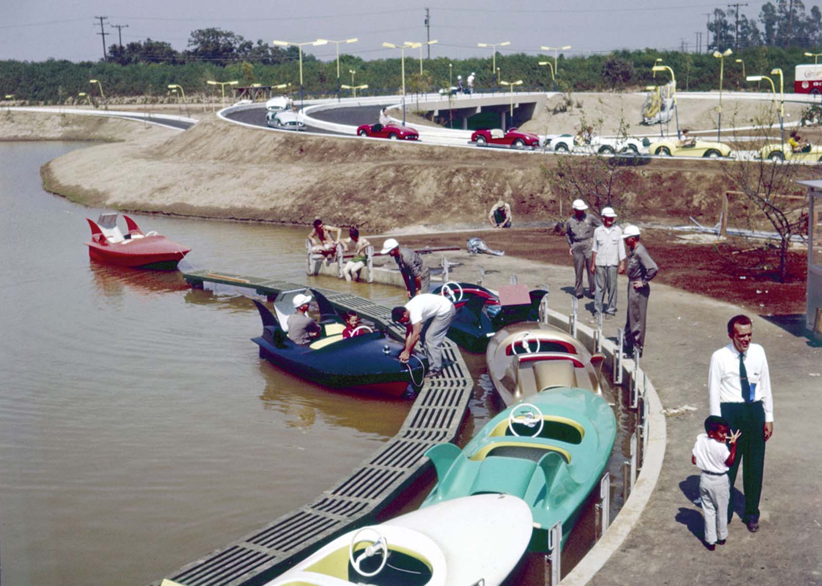A view of the Tomorrowland Boats (renamed the Phantom Boats) attraction at Disneyland in July 1955. The attraction lasted only from the park's opening until 1956.