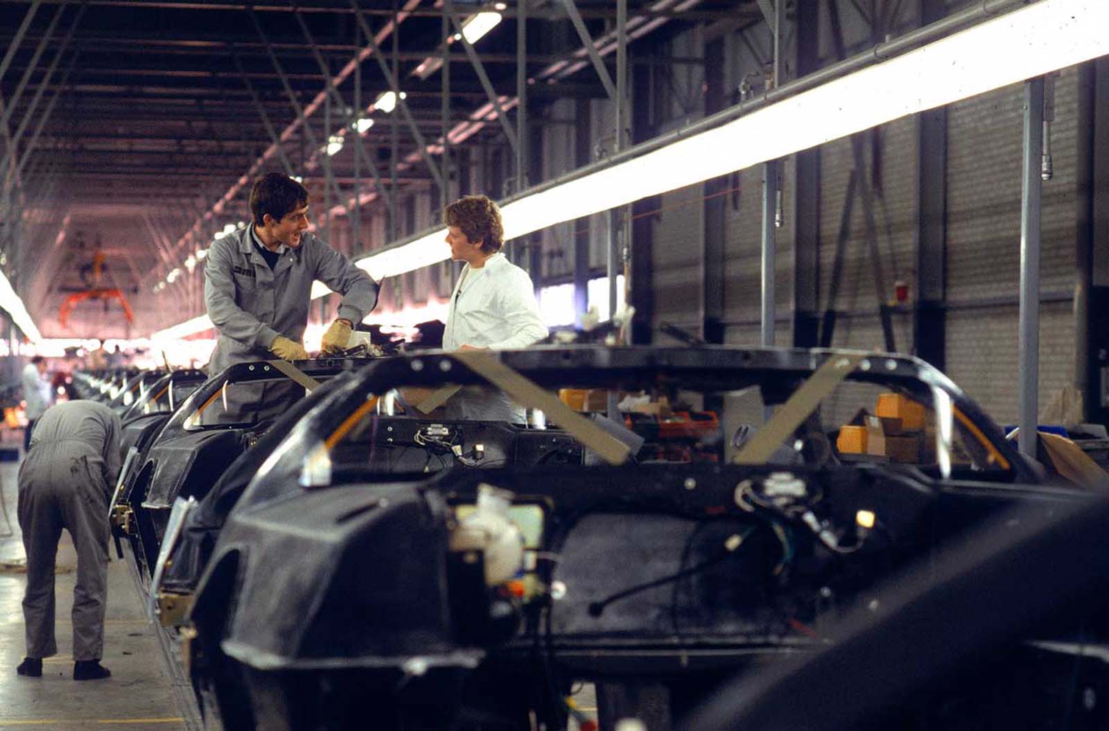 Workers at DeLorean Motors factory. 1981.