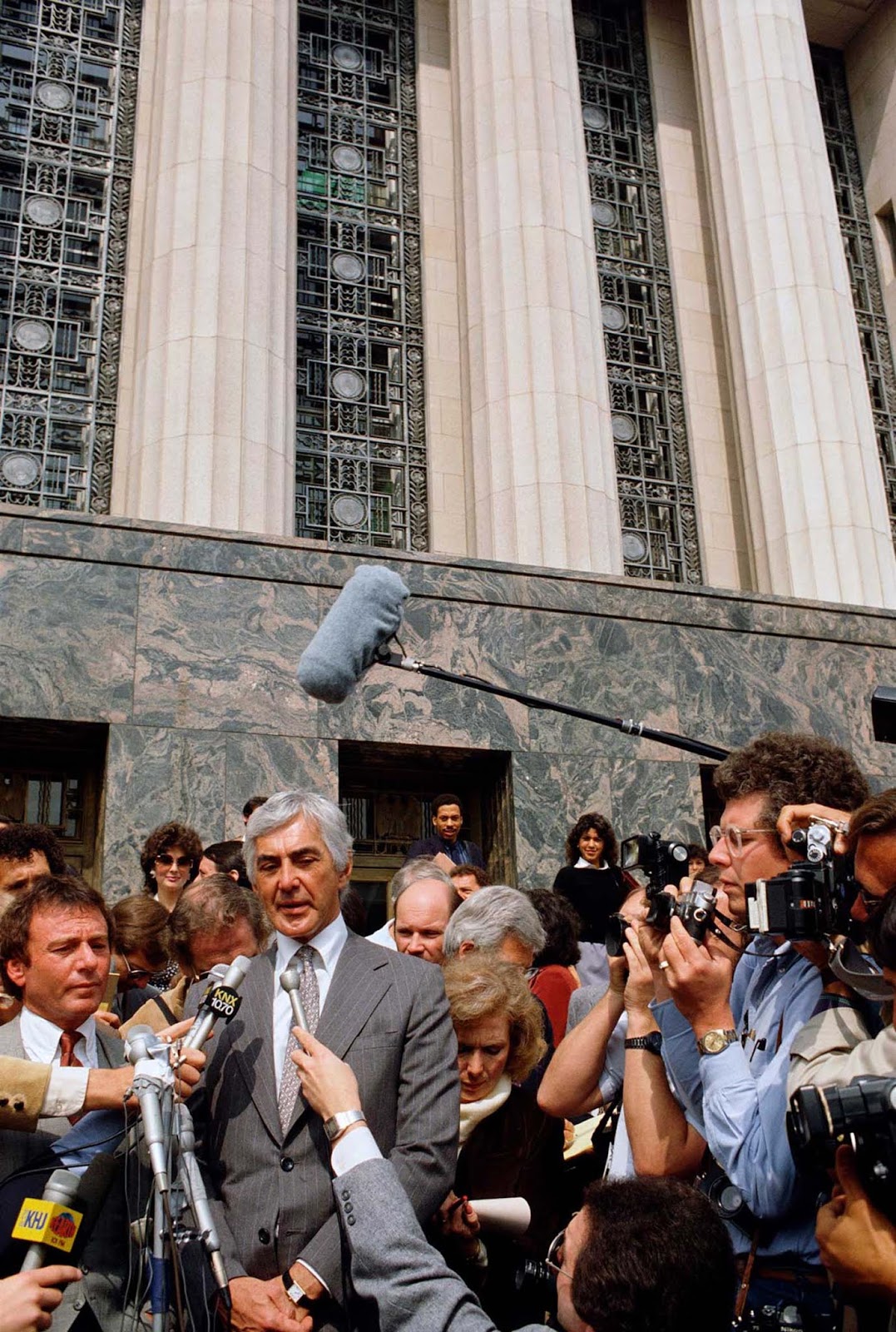 DeLorean outside the Los Angeles courtroom during his trial for a drug dealing charge. 1984.