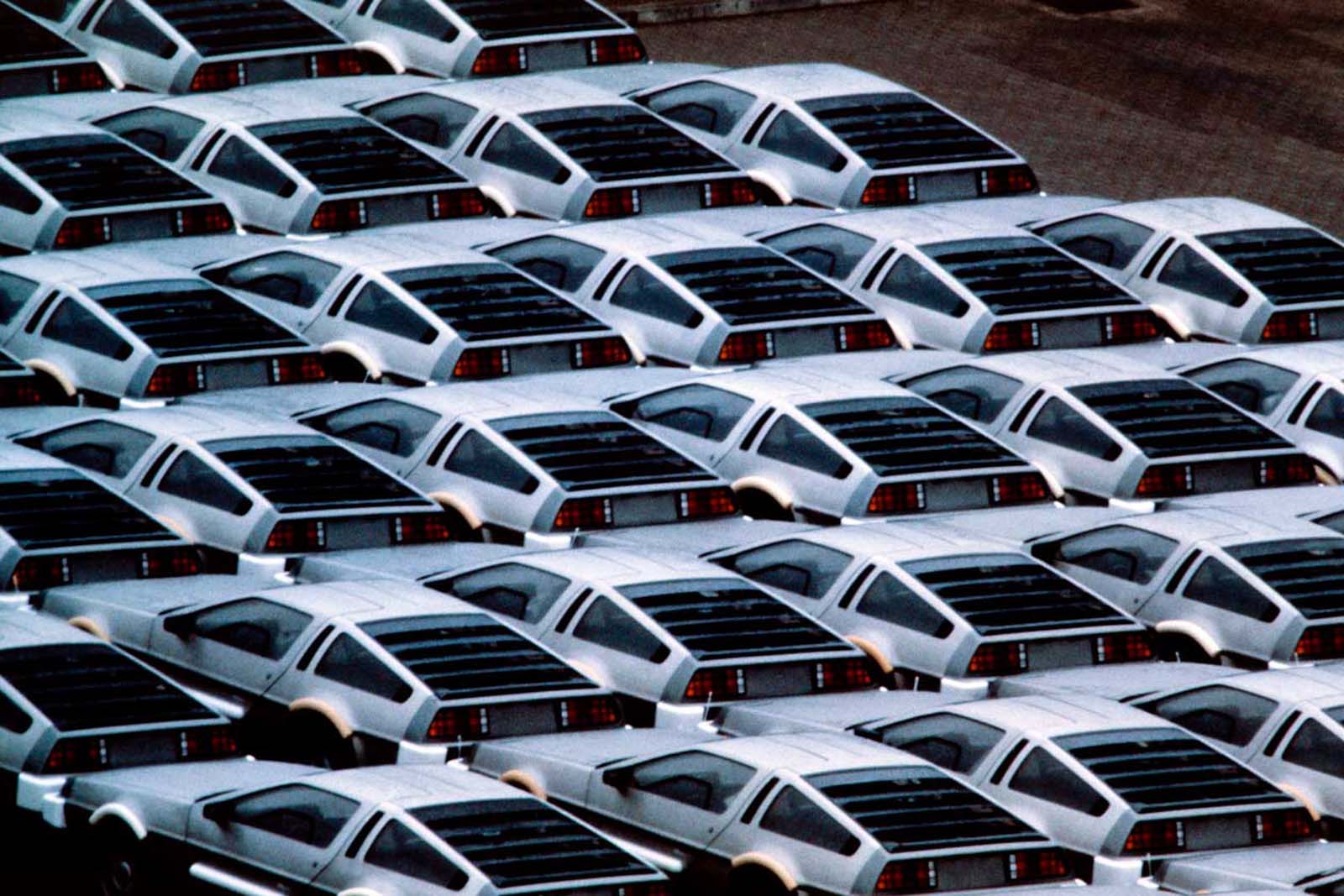 Stockpiled Delorean cars at the Delorean Motor plant, Northern Ireland. 1982.