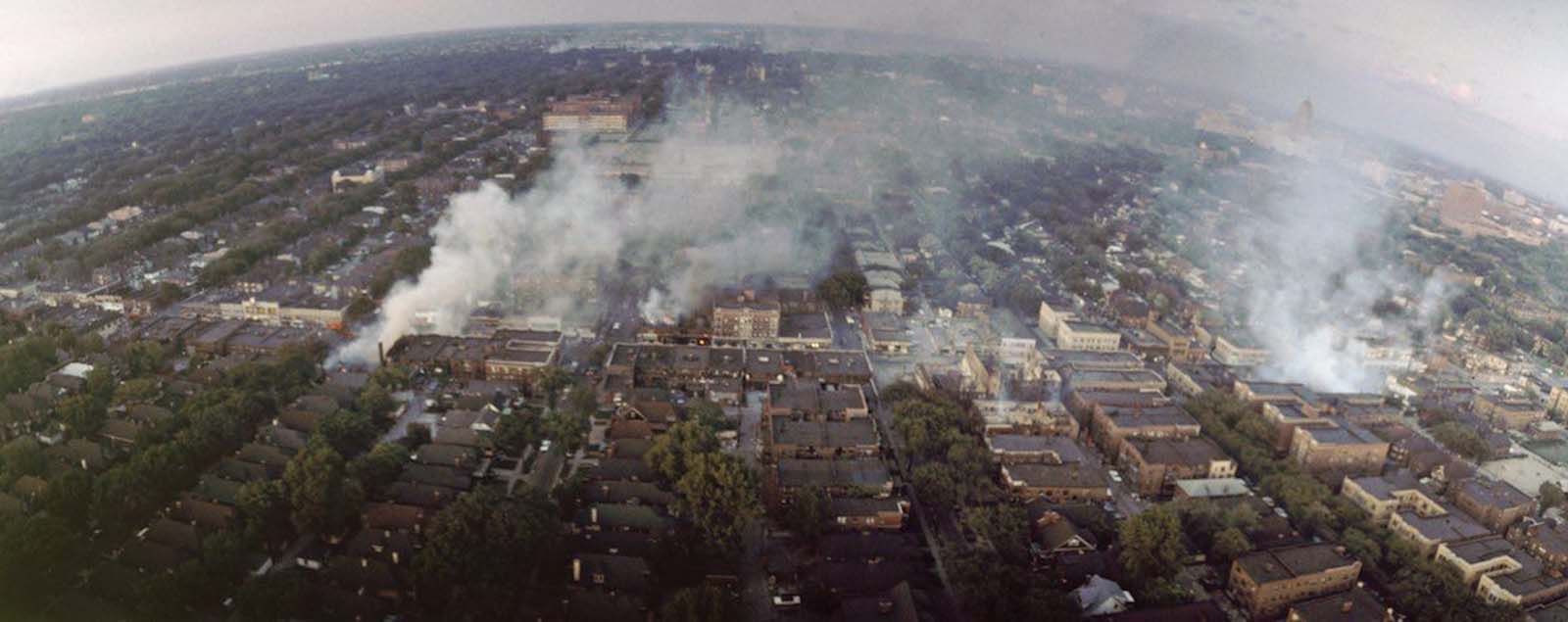 Aerial view of Detroit on fire during the riot.